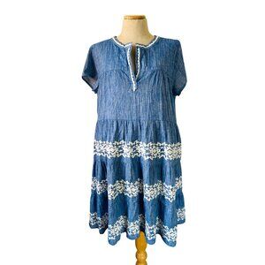 Roller Rabbit Womens Sz Larga Blue & White Embroidered Cotton Tiered Dress
